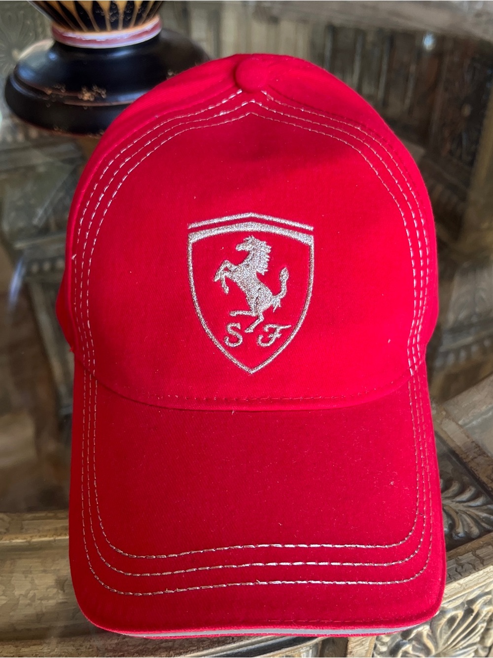 Red Baseball Cap with Silver Embroidered Shield Logo - Picture 12 of 15